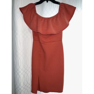 Charlotte Russ slit midi Carmel brown dress